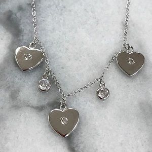 Sterling Silver Triple Heart &Cubic Zirconia Station Necklace-Boutique